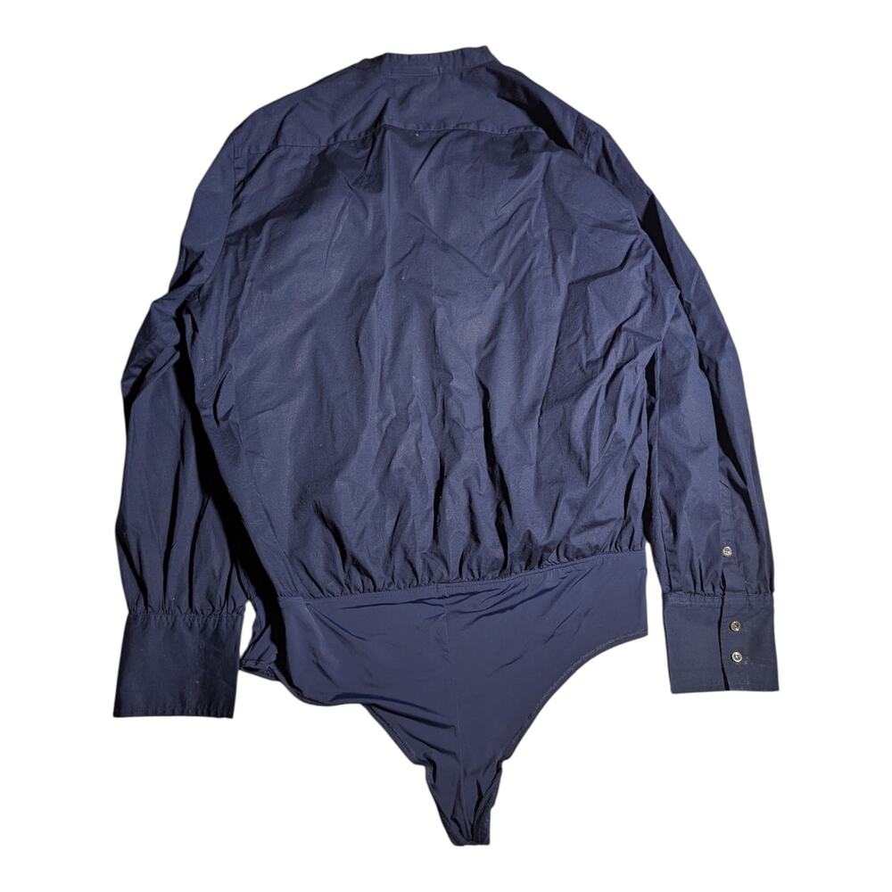 J. Crew Navy Blue Poplin Button Up Collarless Stretch Perfect Bodysuit Sz 18 - Picture 2 of 6